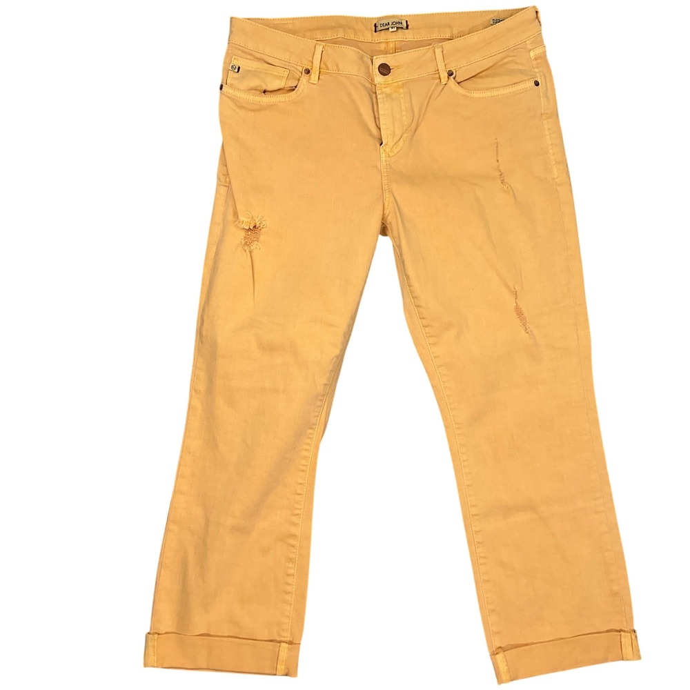 Dear John Playback Jeans Womens 31 Yellow Crop Distressed Summer Straight Leg